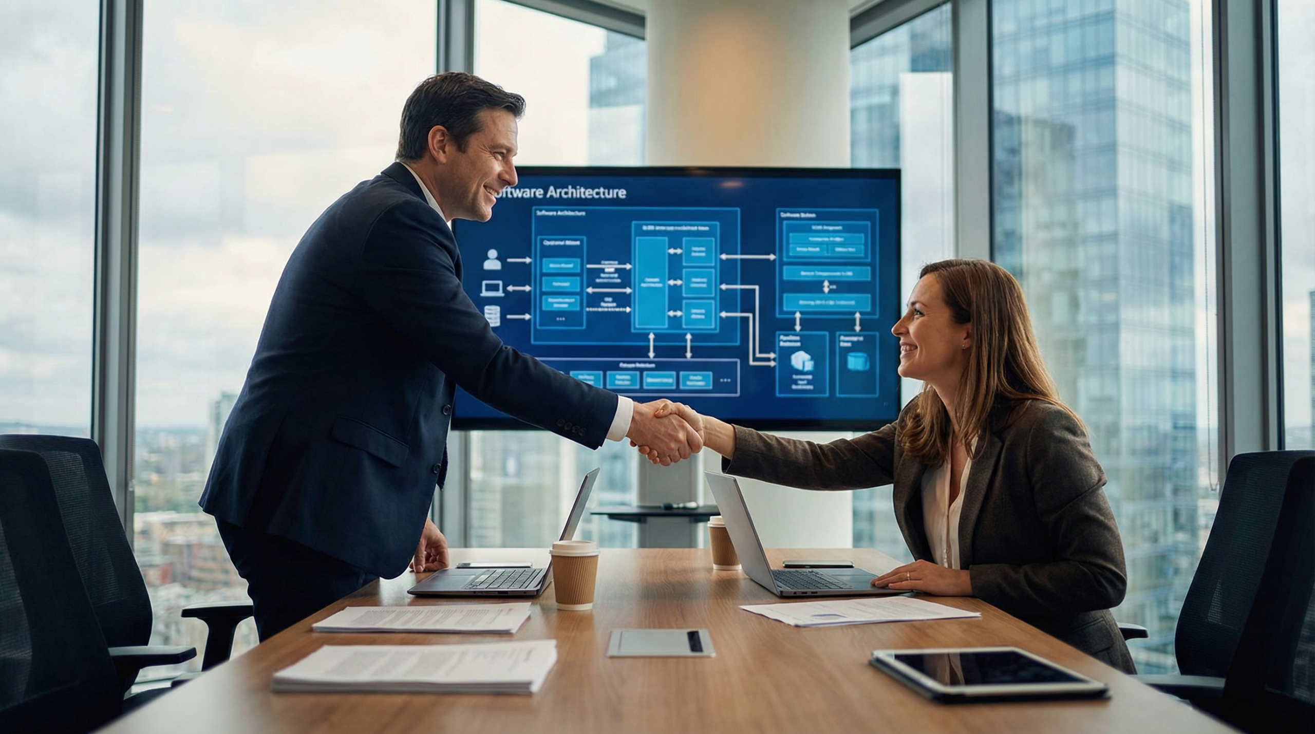 Reunião de negócios para contratação de empresa de desenvolvimento de software