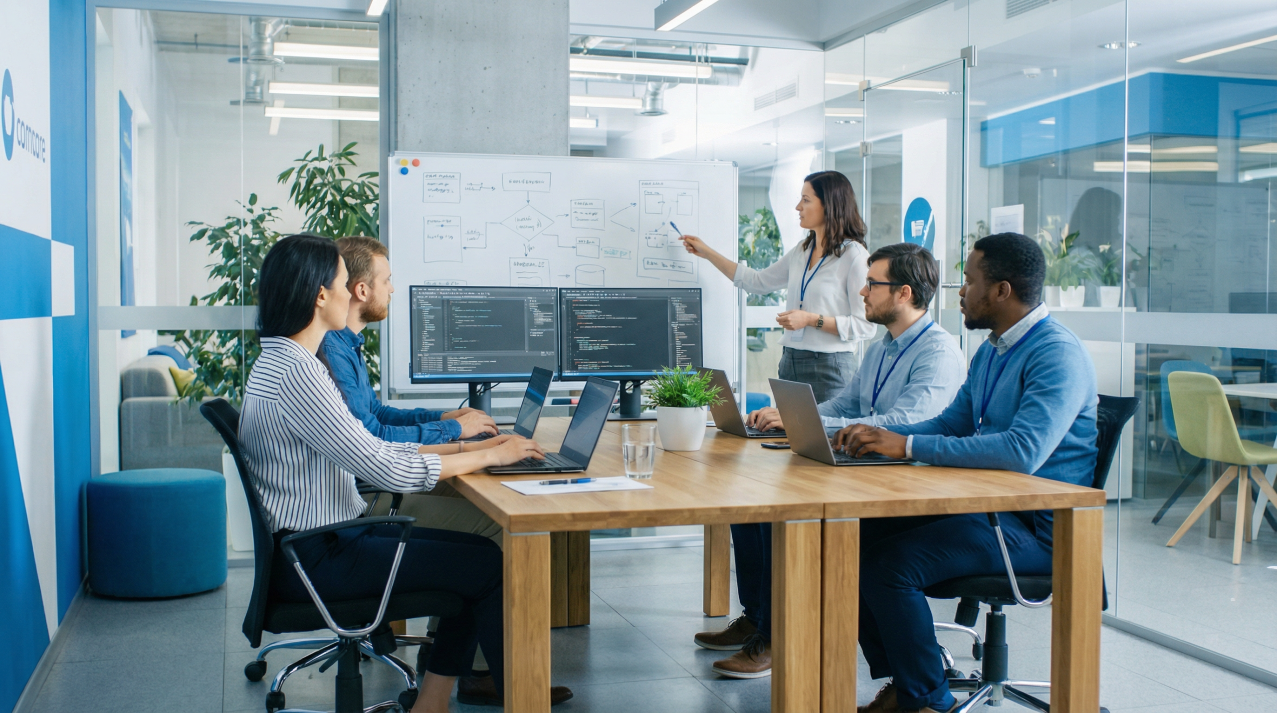 Equipe de desenvolvimento de software colaborando em escritório moderno
